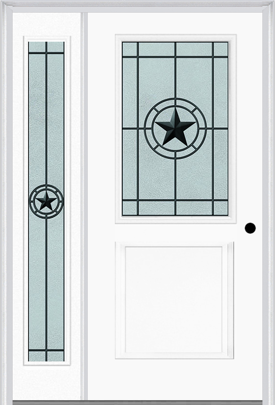 MMI 1/2 Lite 1 Panel 6'8" Fiberglass Smooth Elegant Star Wrought Iron Exterior Prehung Door With 1 Full Lite Elegant Star Wrought Iron Decorative Glass Sidelight 682